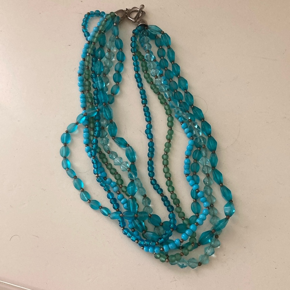 Multi strand choker necklace in greens and blues - Picture 2 of 5